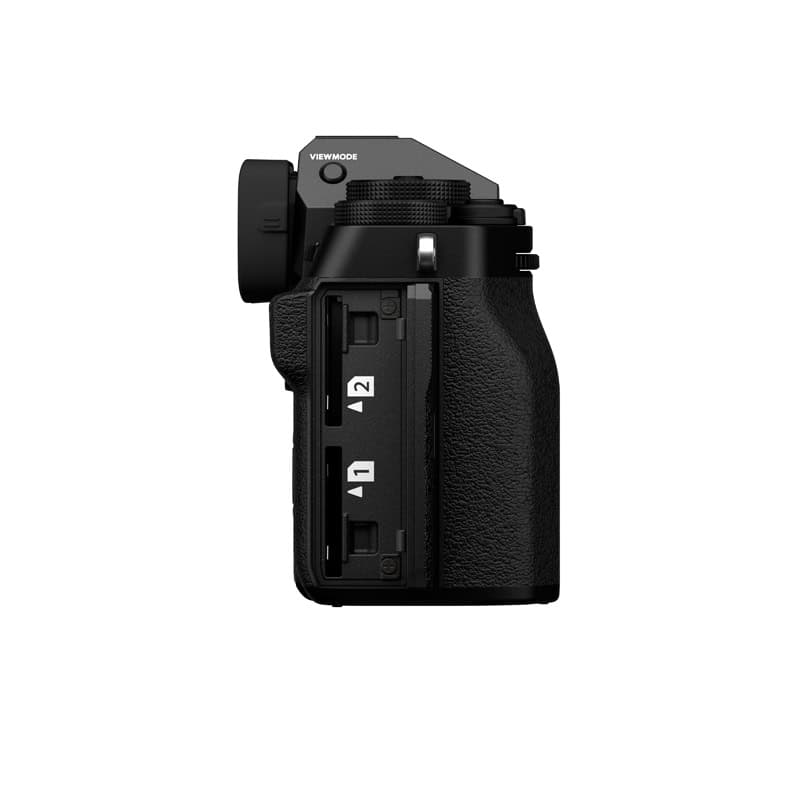 Fujifilm X-T5 Kamera mit Griff und Bedienelementen.
