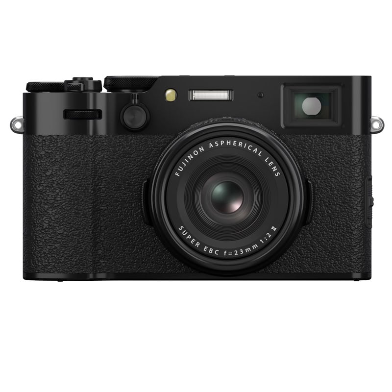 Fujifilm X100VI schwarz Kompaktkamera mit 23mm Objektiv.