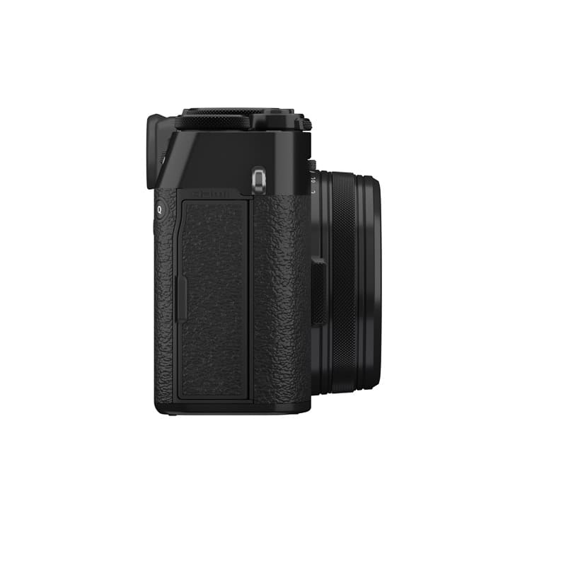 Fujifilm X100VI schwarz Kamera, seitliche Ansicht, kompakt und modern.