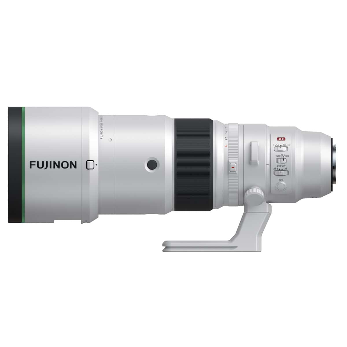 Fujinon XF500mm F5.6 R LM OIS WR Teleobjektiv auf weißem Hintergrund.