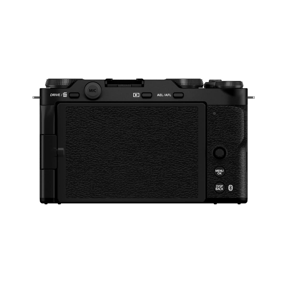 Rückseite der Fujifilm X-M5 Kamera mit Bedienelementen und Display.