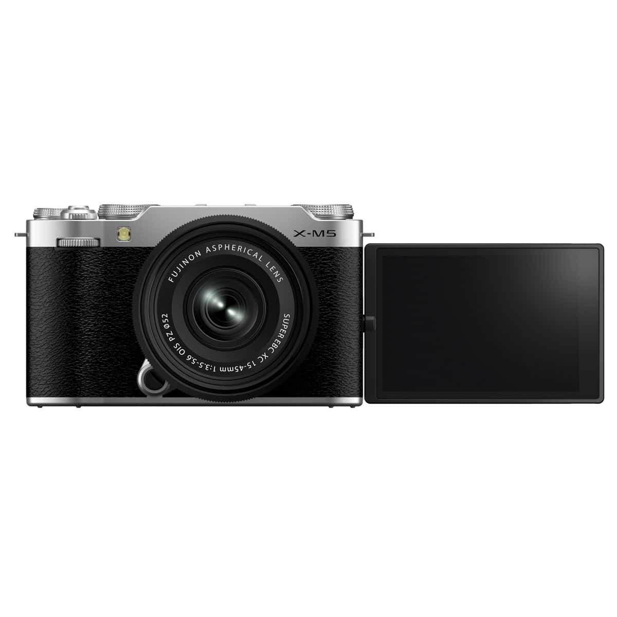 Fujifilm X-M5 Kamera mit klappbarem Display in Silber.